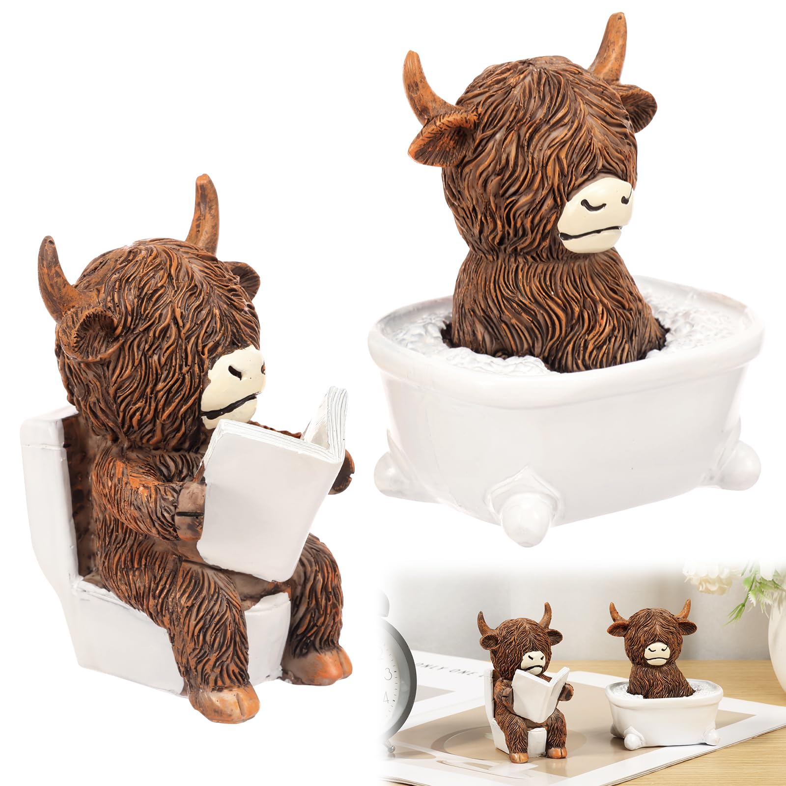 Bpyhebe 2 Pcs Highland Cow Figurines Bathroom Decor, Funny Resin Animal Ornaments - Highland Cow Reading on Toilet & Sitting in Bathtub, Rustic Farmhouse Statues for Home Accessories, Shelves & Gifts