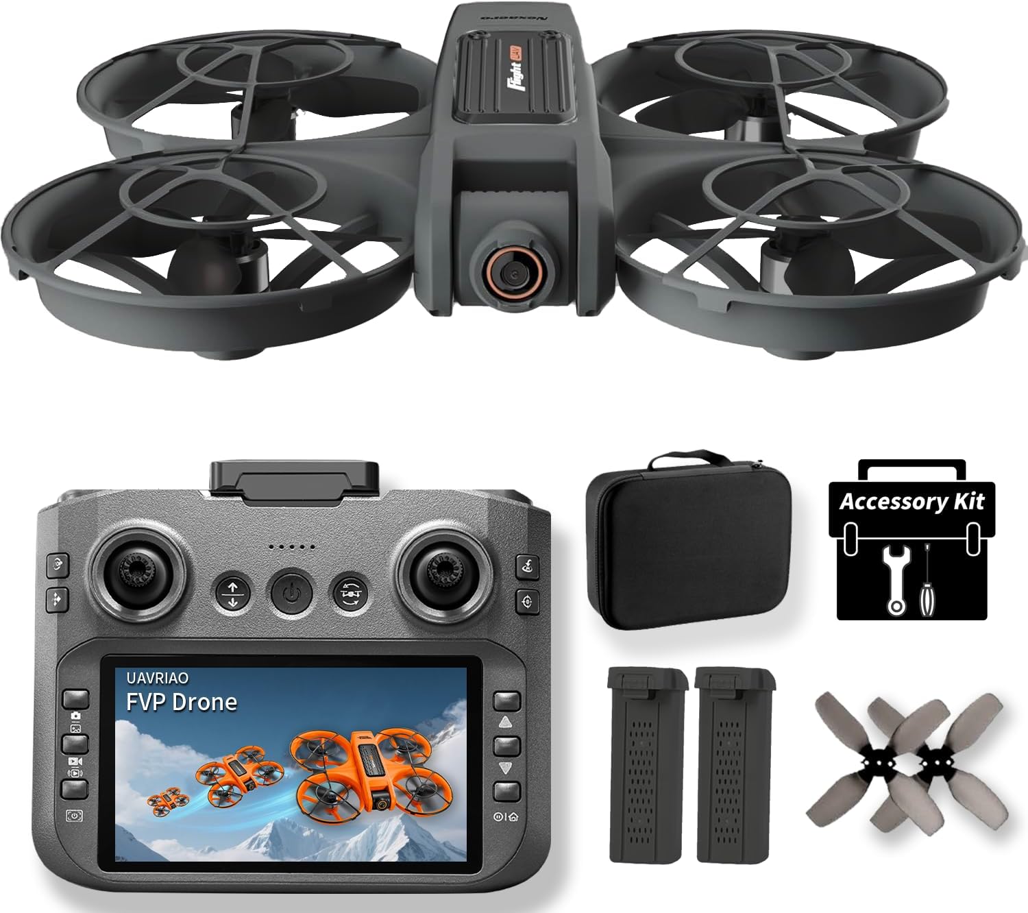 UAVRIAO 4.5" HD Screen Remote Control Drone with 2K Dual Camera & Brushless Motors, 360° Protection Safety Quadcopter, Auto Hovering, 3D Flips, Headless Mode, Follow Me, LED Light, WiFi FPV, 2 Batteries 30 Min Flight, Great Gift for Adults, Kids, Beginners
