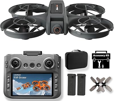 UAVRIAO 4.5" HD Screen Remote Control Drone with 2K Dual Camera & Brushless Motors, 360 Protection Safety Quadcopter, Auto Hovering, 3D Flips, Headless Mode, Follow Me, LED Light, WiFi FPV, 2 Batteries 30 Min Flight, Great Gift for Adults, Kids, Beginners