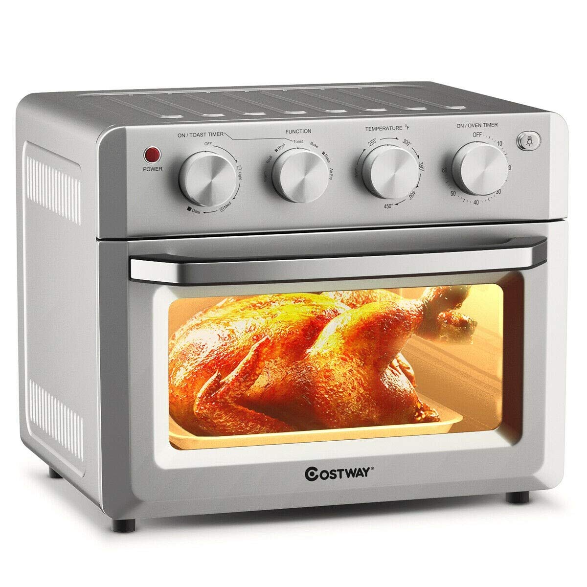 1550 Watts 7-in-1 Healthy Oil-Free Steel Stainless Convection Air Fryer Toaster Oven with Bake Tools 250-450 Degree Fahrenheit Time 0-60 minutes 19 Quarts Cooking Space Satisfy Whole Family or Party