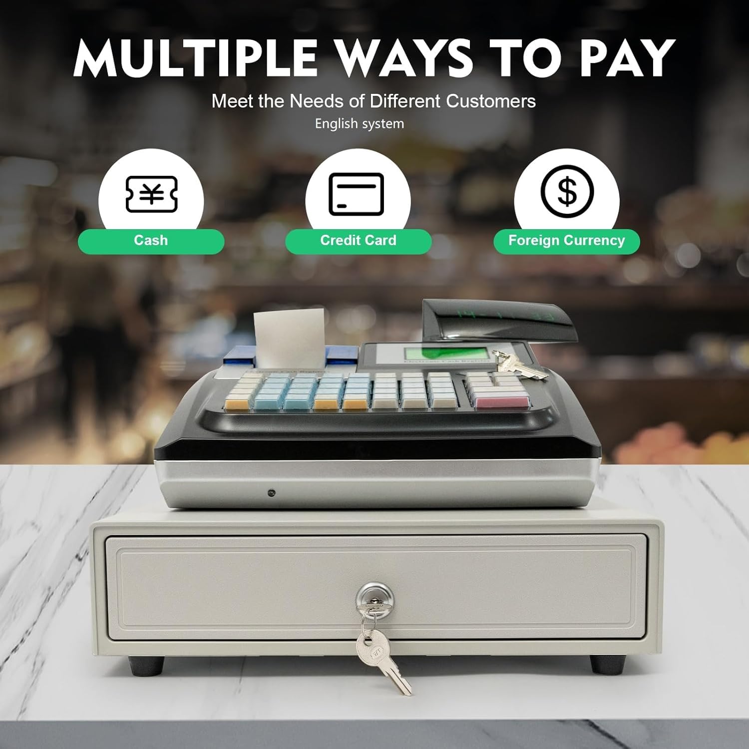 Caja registradora electrónica, versión inglesa con cajón de efectivo, 48 teclas, doble pantalla LED, caja registradora, varios métodos de pago, caja registradora electrónica para restaurantes
