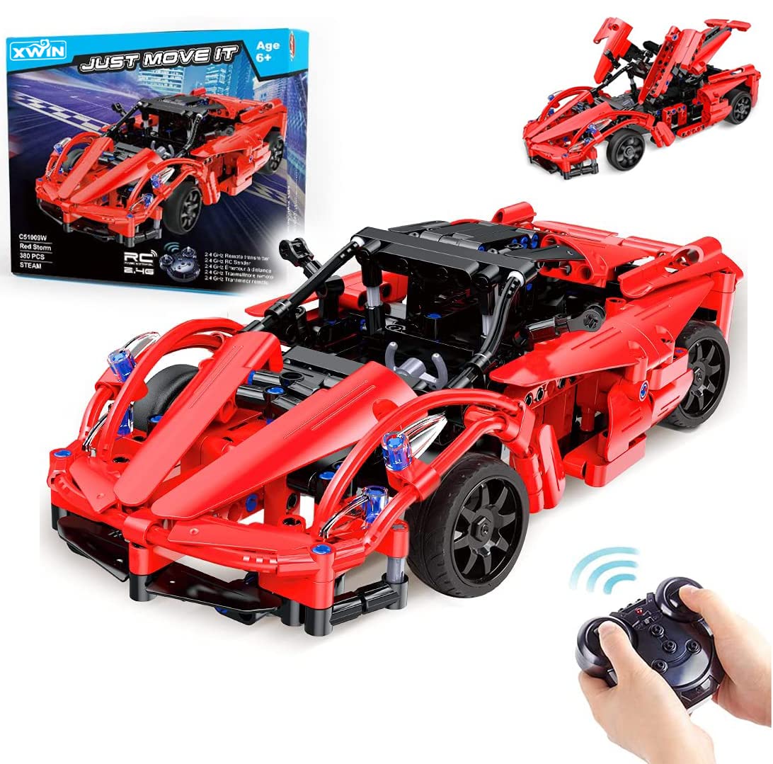 xwin sportseriesSTEM DIY Remote Control Racing Block car Building Construction Kits, 2.4GHz & ABS Material, Openable door, Lift able Rear Wings, Suitable for Kids Red Car 380 PCS