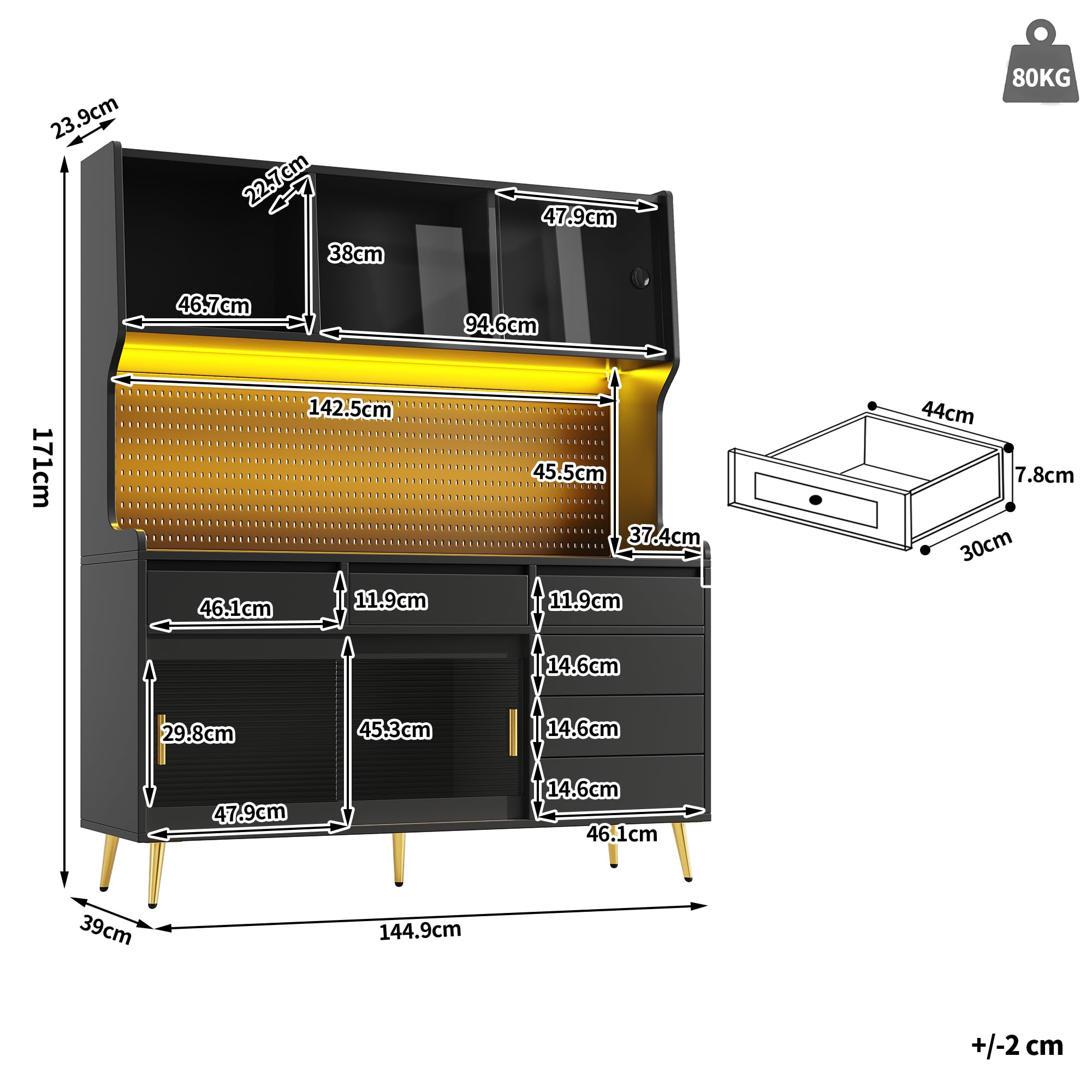 Hochschrank mit LED Beleuchtung & App-Steuerung, Küchenschrank oder Esszimmerschrank mit Schublade,Sideboard mit Aufbewahrungsregal mit Lochwand, 145x39x171cm, Schwarz