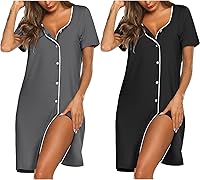 Ekouaer Women's 2 Pack Button Down Nightgowns Short Sleeve V-Neck Sleepshirts Soft Breathable Pajama Dresses