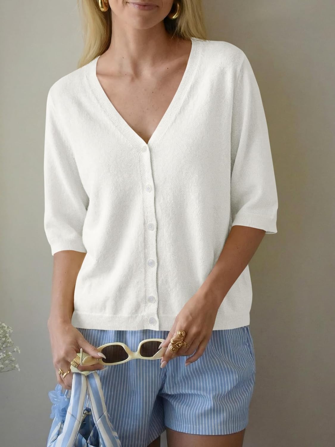 Saodimallsu Womens Half Short Sleeve Cardigans Summer Lightweight Knit V Neck Button Down Casual Sweater Tops - Image 3