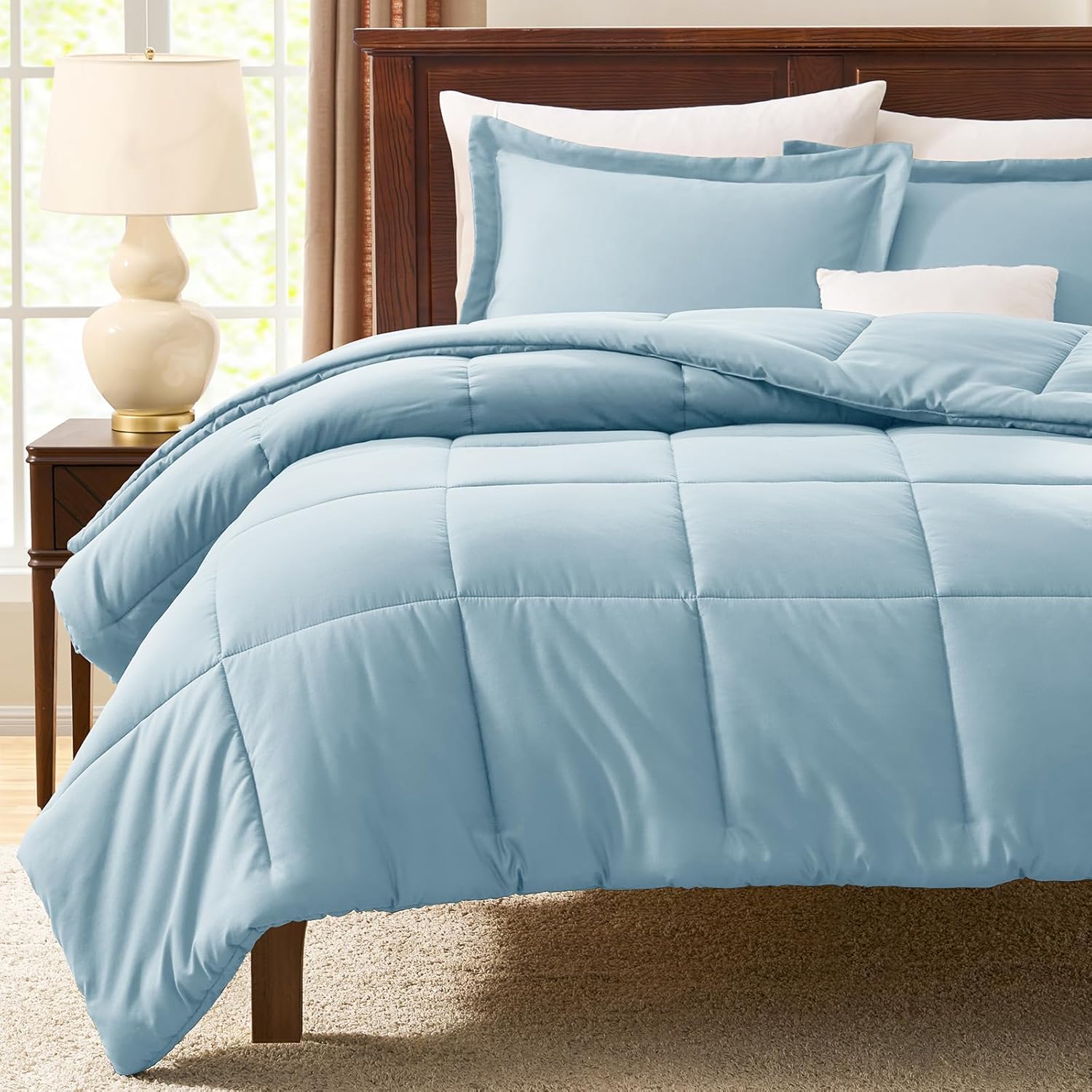 CozyLux King Size Comforter Set - Light Blue Comforter King Size, 3 Pieces Box Stitched Bed Set for All Seasons, Soft Lightweight Bedding Sets with 1 Down Alternative Comforter and 2 Pillow Shams - Image 7