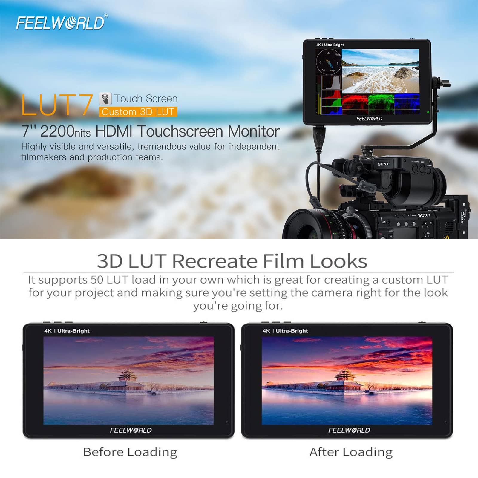 FEELWORLD LUT7 Pro 7-inch Camera Field Monitor - 2200nit 4K HDR With 3D LUT Support