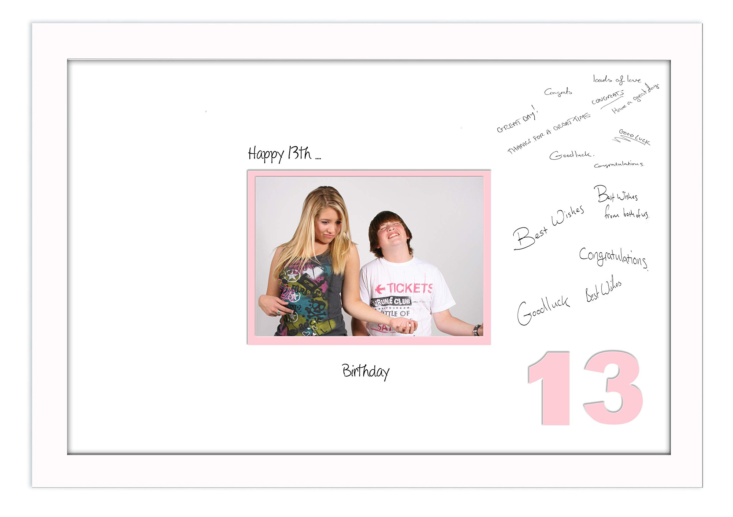 Photos In A Word White Finish Frame White Pink Inside 13Th Birthday Signing Guest Book Photo Frame Gift 7X5 Photo 648D (White Finish Frame White Pink Inside)