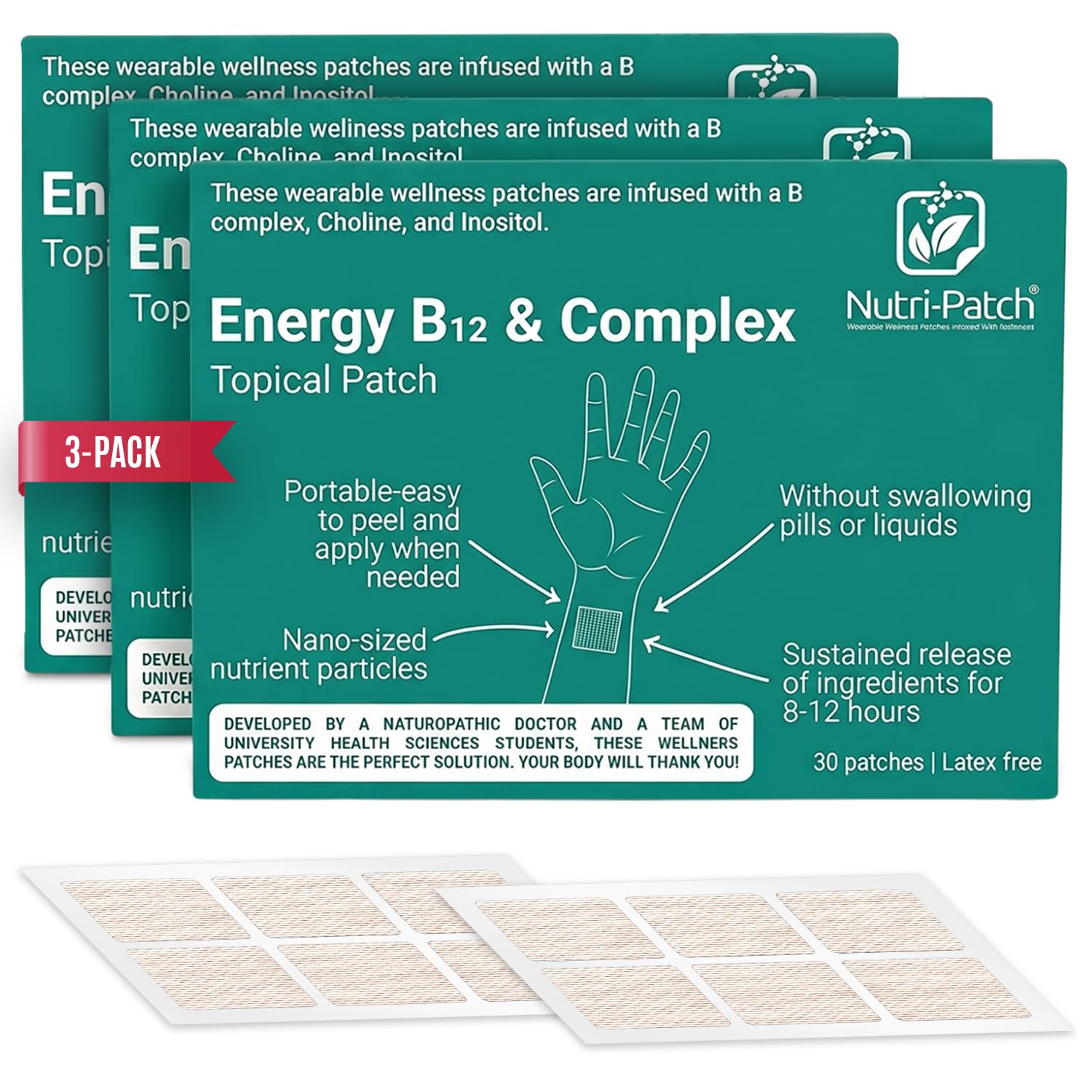 NUTRI-PATCH Energy B12 y parche tópico complejo, paquete de 3 (90 parches, suministro de 3 meses)