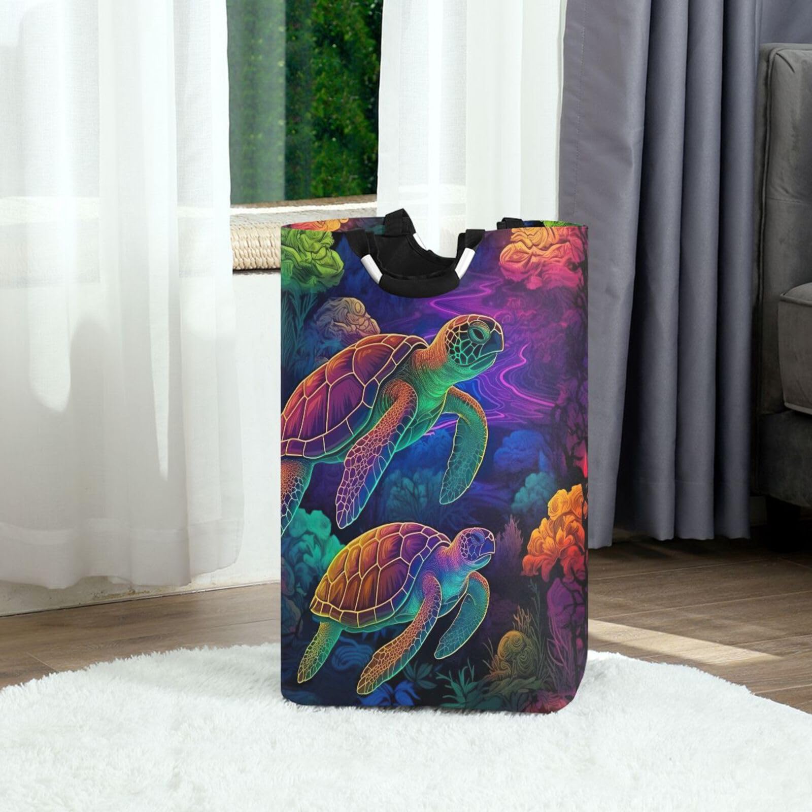 Jihqo Laundry Hamper Basket Colorful Turtles Collapsible Nursery Storage Bin Waterproof Clothing Baskets for Home Bedroom Bathroom Washing Room