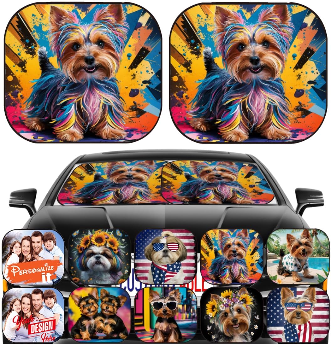 Maizi car Sun Shade Front Window 2 Piece Universal Fit Car Sunshade Window Design for Dogs Pet Yorkshire Terrier Puppy Fits Most MUV, Hatchback, Pick-up Truck, MPV Product of USA