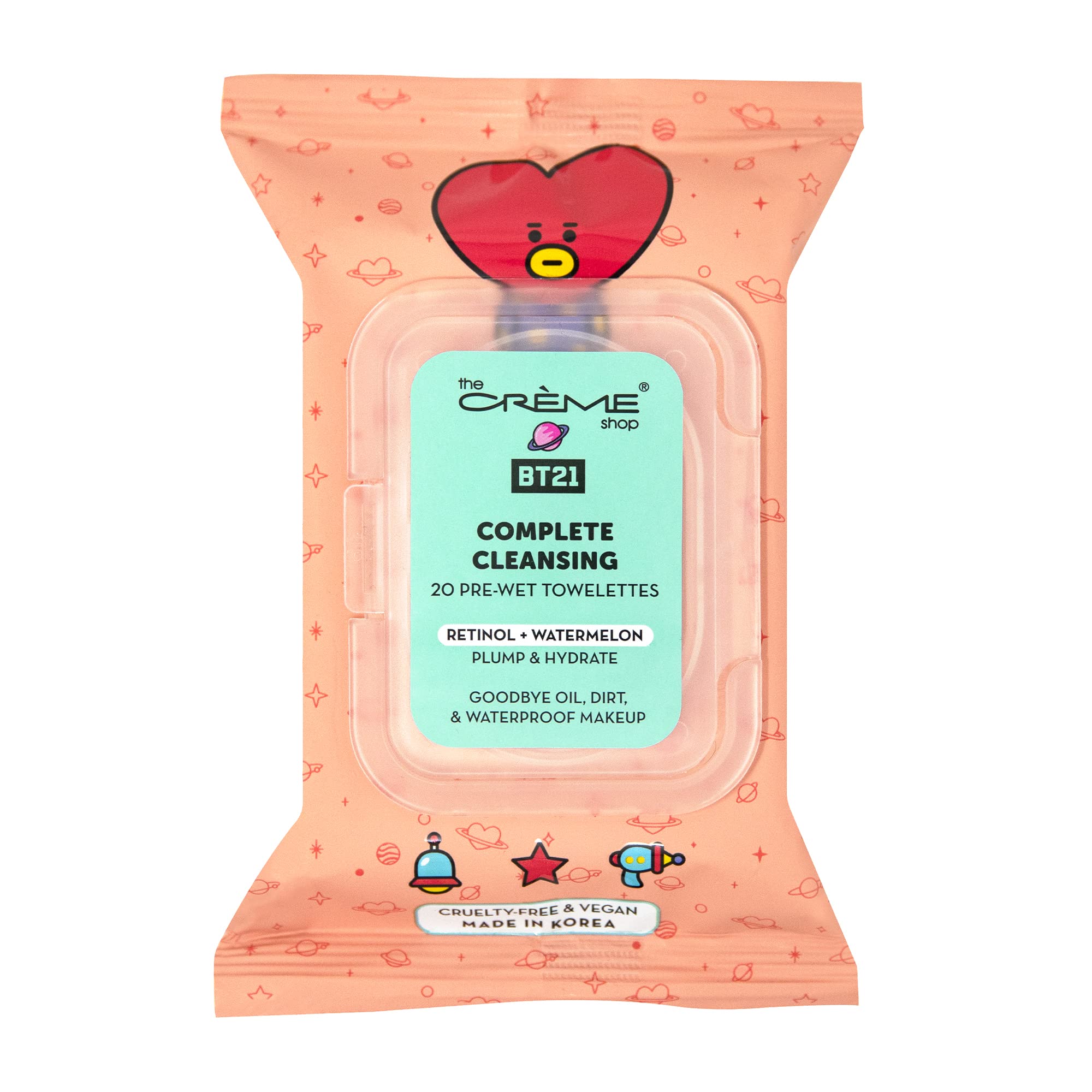 The Crème Shop BT21 TATA Complete Cleansing Towelettes - Retinol & Watermelon (20 Pre-Wet Towelettes)
