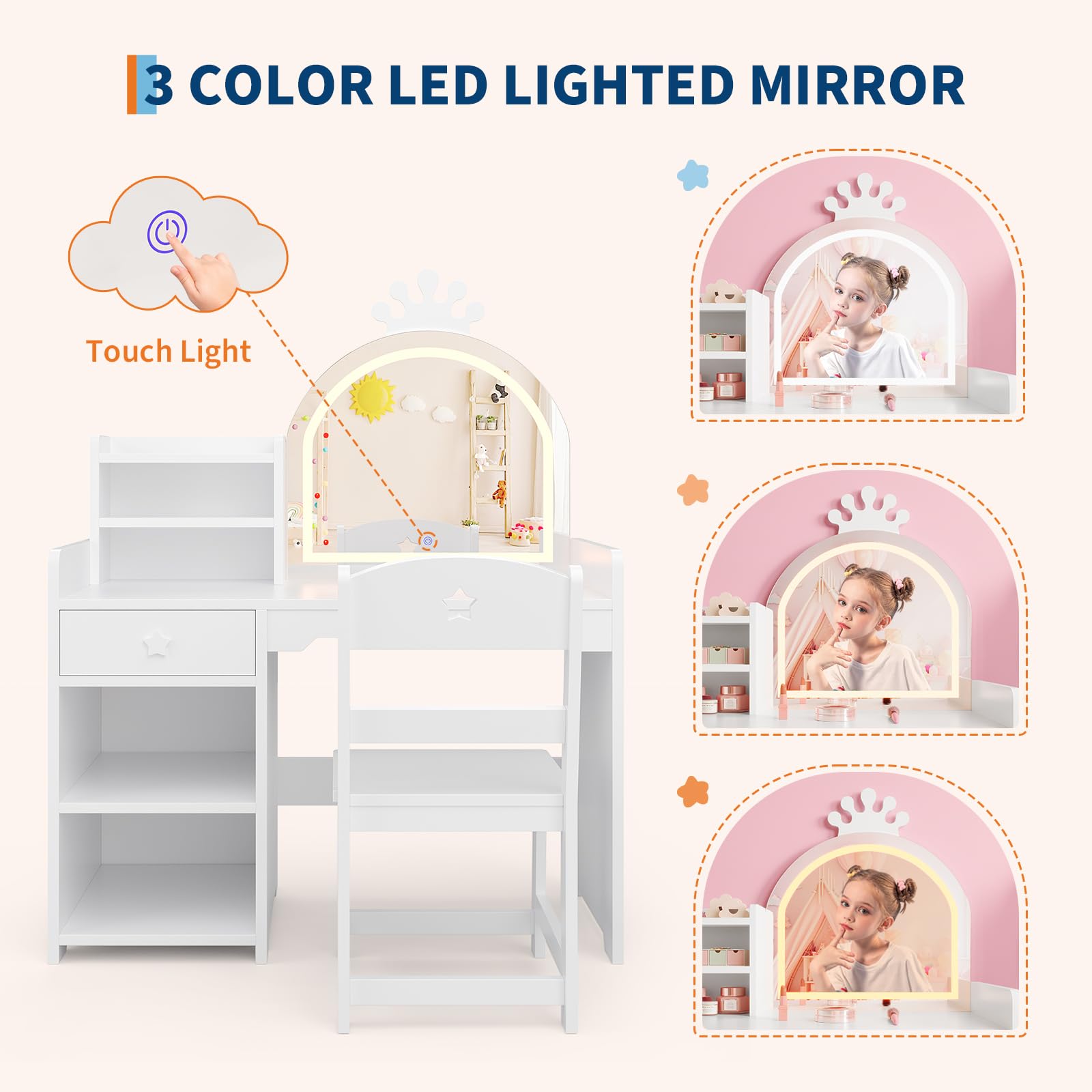 Tocador de Maquillaje Niña 2 en 1 con Tocador y Escritorio, Tocador de Maquillaje con Luz y Taburete, Luces LED, Espejos, Cajones y Estantes Abiertos
