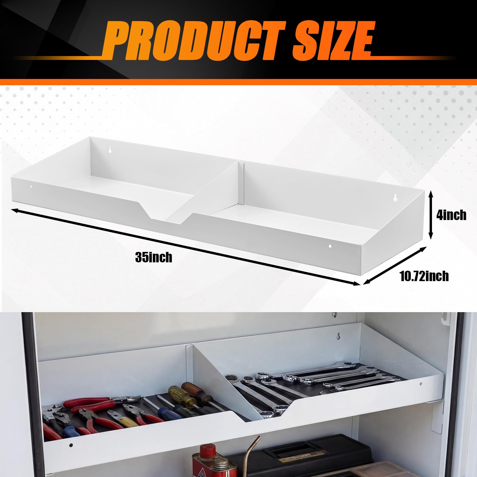 Outus Bandeja de acero blanco de 35 pulgadas para caja de camión de 72 pulgadas, muesca media