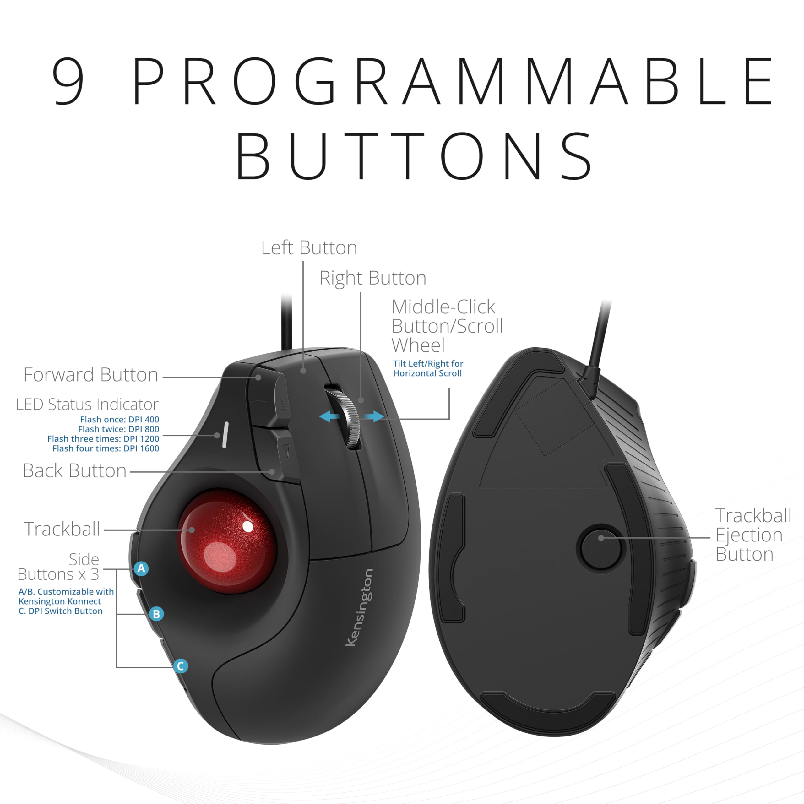 Kensington KB675 Vertikale Trackball Maus kabelgebundene, ergonomisches Design, USB-C/USB-A - Schwarz (K72170WWMY)