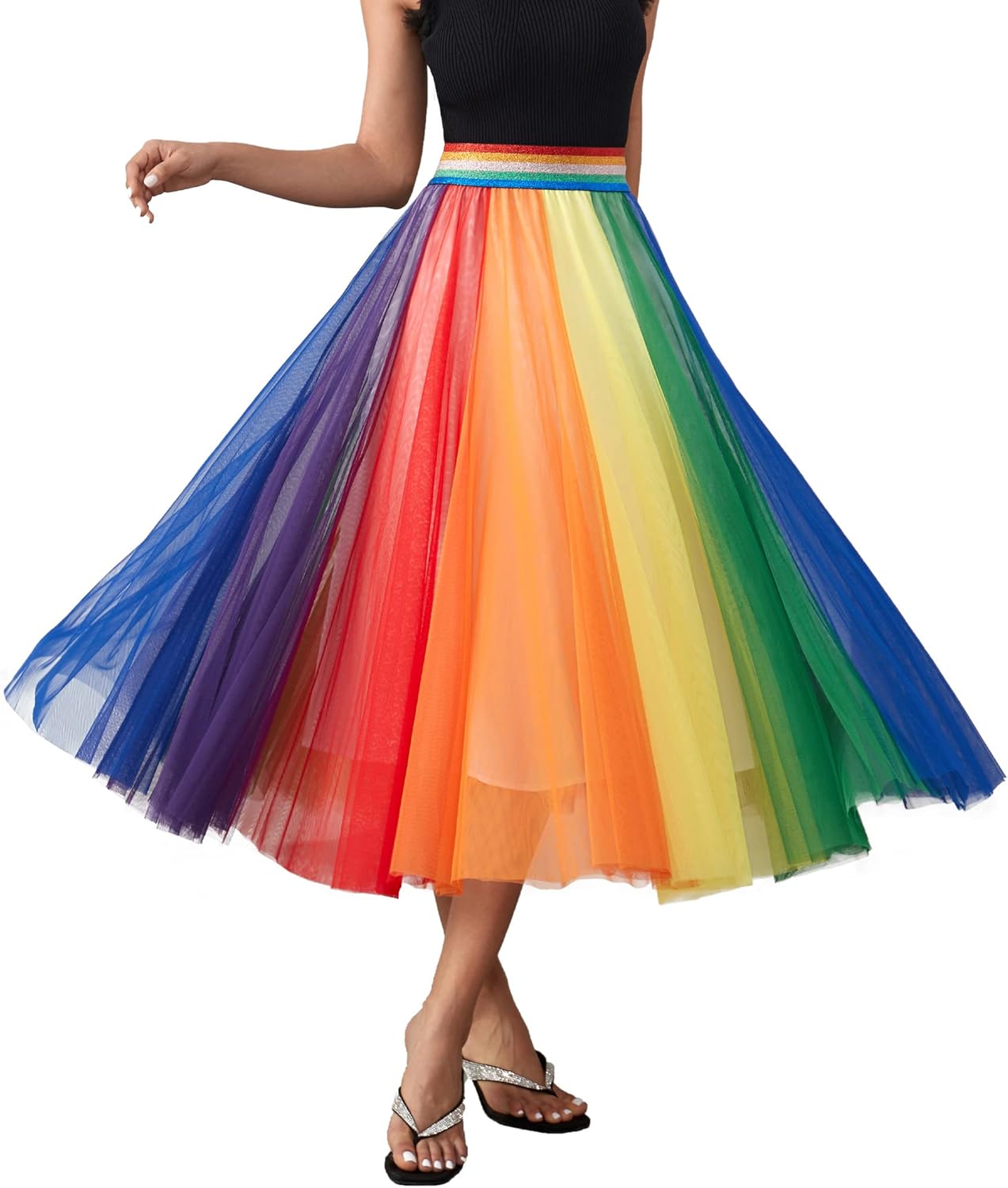 Women Pleated Long Tulle Skirt High Elastic Waist Swing Casual Midi Skirt