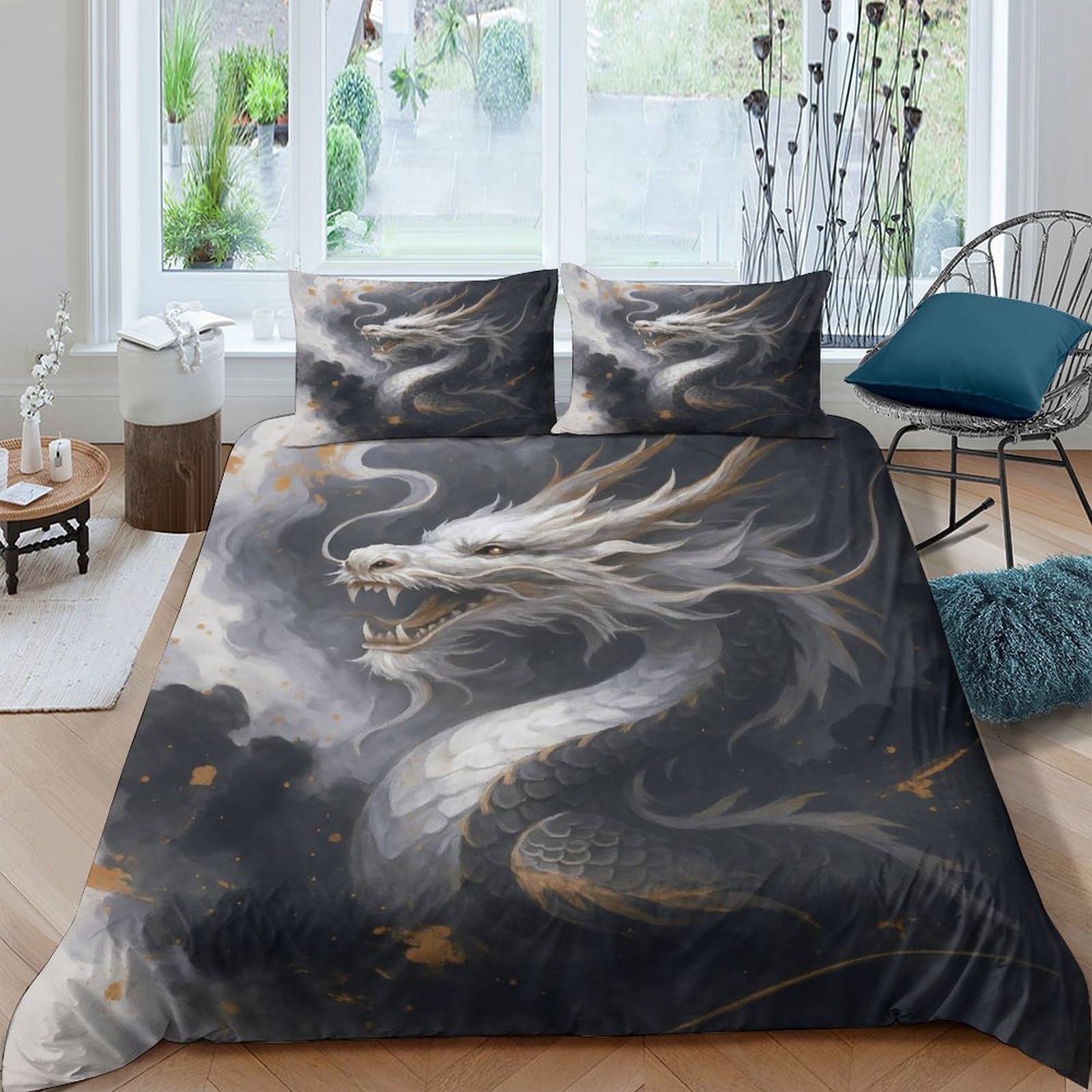 GPLZQXKJNH 3D Printed Black Dragon Duvet Cover Microfiber Soft Breathable Cloud Pattern Bedding Set with 2 Pillowcases for Bedroom Decor Single（135x200cm）
