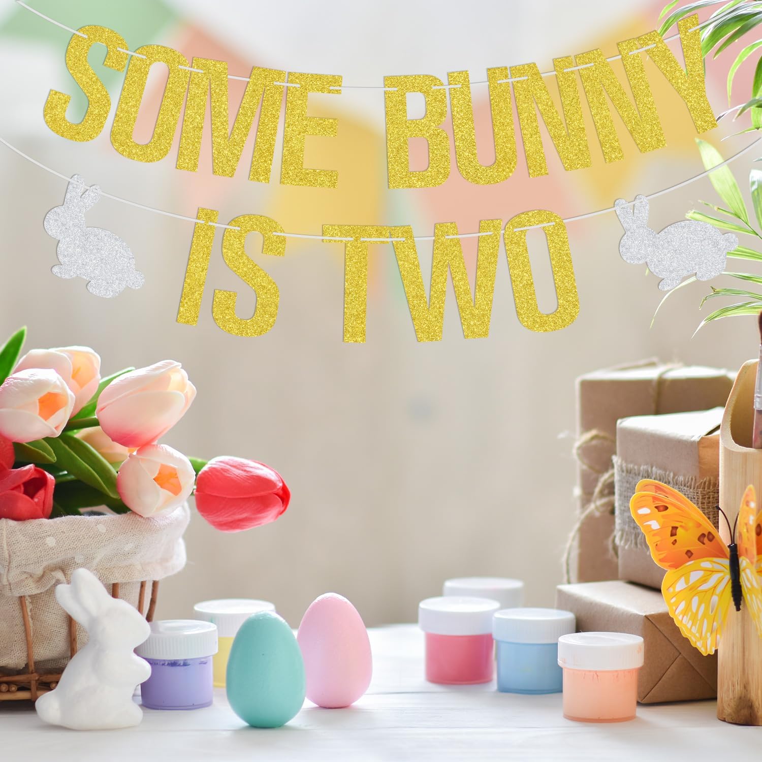 Some Bunny is Two Banner, Easter 2nd Birthday Banner, Spring Easter Bunny Theme Baby 2nd Birthday Party Decorations