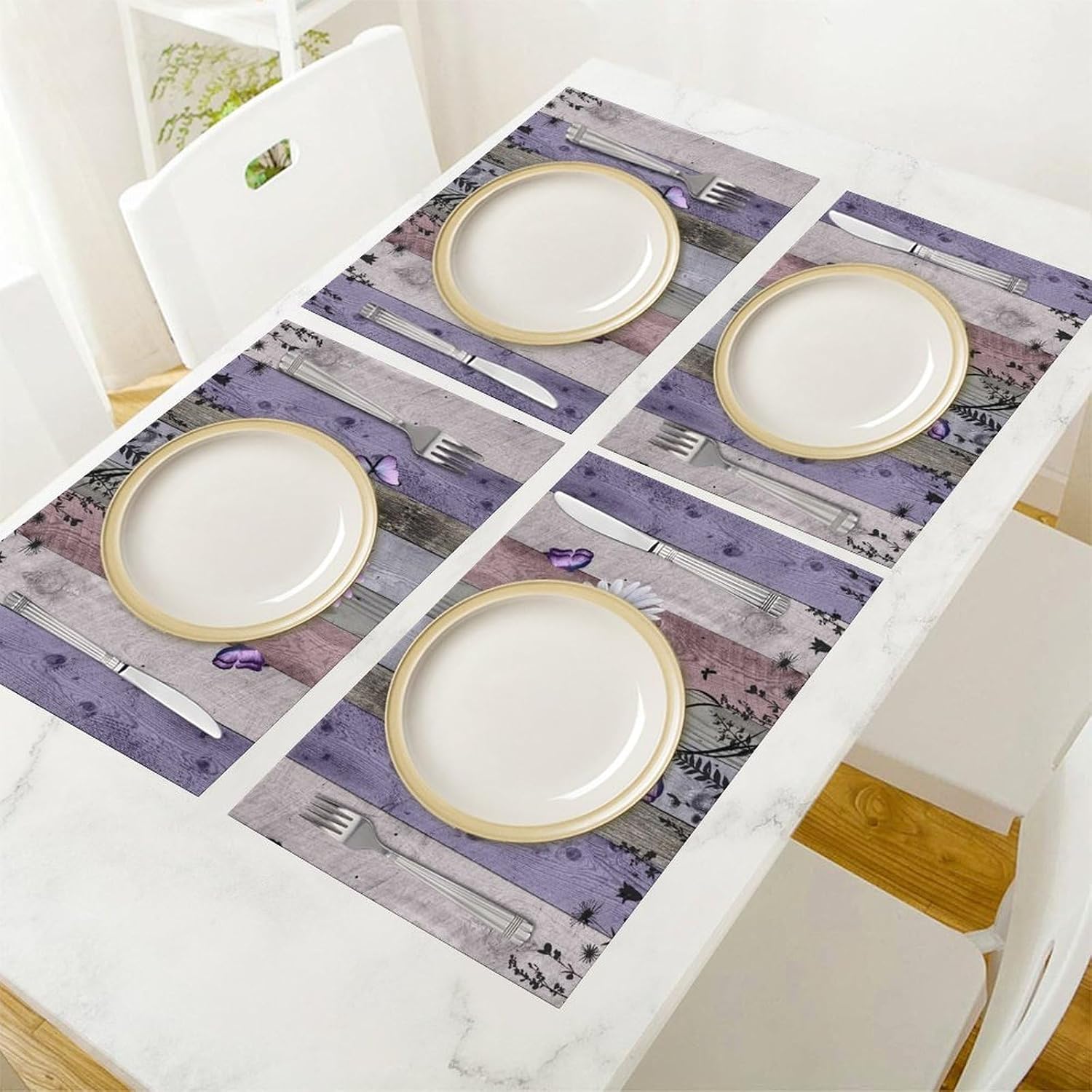 Daisy Floral Placemat Set of 6, 12x18 Inch Rustic Boho Purple Wild Flowers Wooden Butterfly Spring Seasonal Coffee Table Mats for Outdoor Farmhouse Kitchen Dining Table Decoration image 2