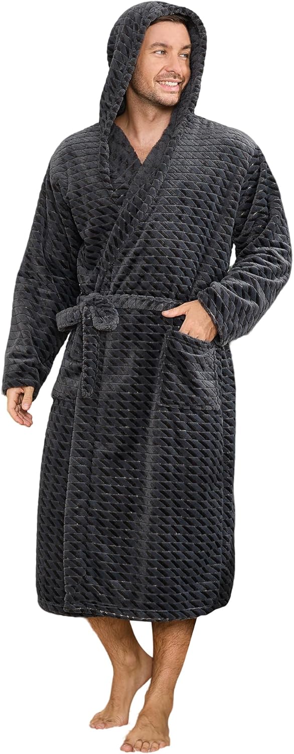 U2SKIIN Mens Plush Fleece Hooded Robe, Soft Warm Long Bathrobe with Pockets, Cozy Spa Shower Robe for Men