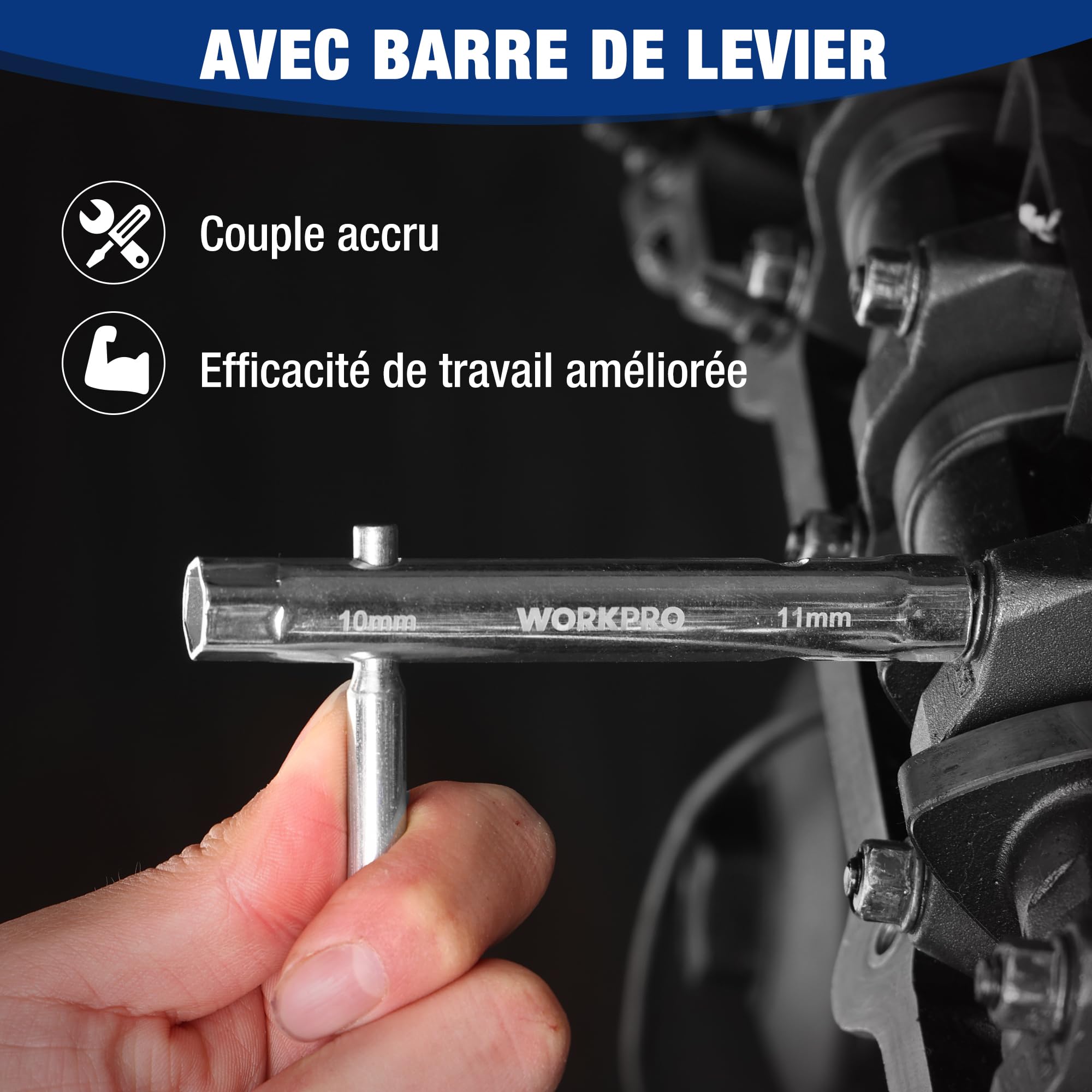 WORKPRO Jeu de 9 Clés à Bougie et à Pipe | Clés à Tube de 6x7 à 20x22 mm avec Barre de Rotation et Sac de Rangement, pour Réparation Auto et Bricolage