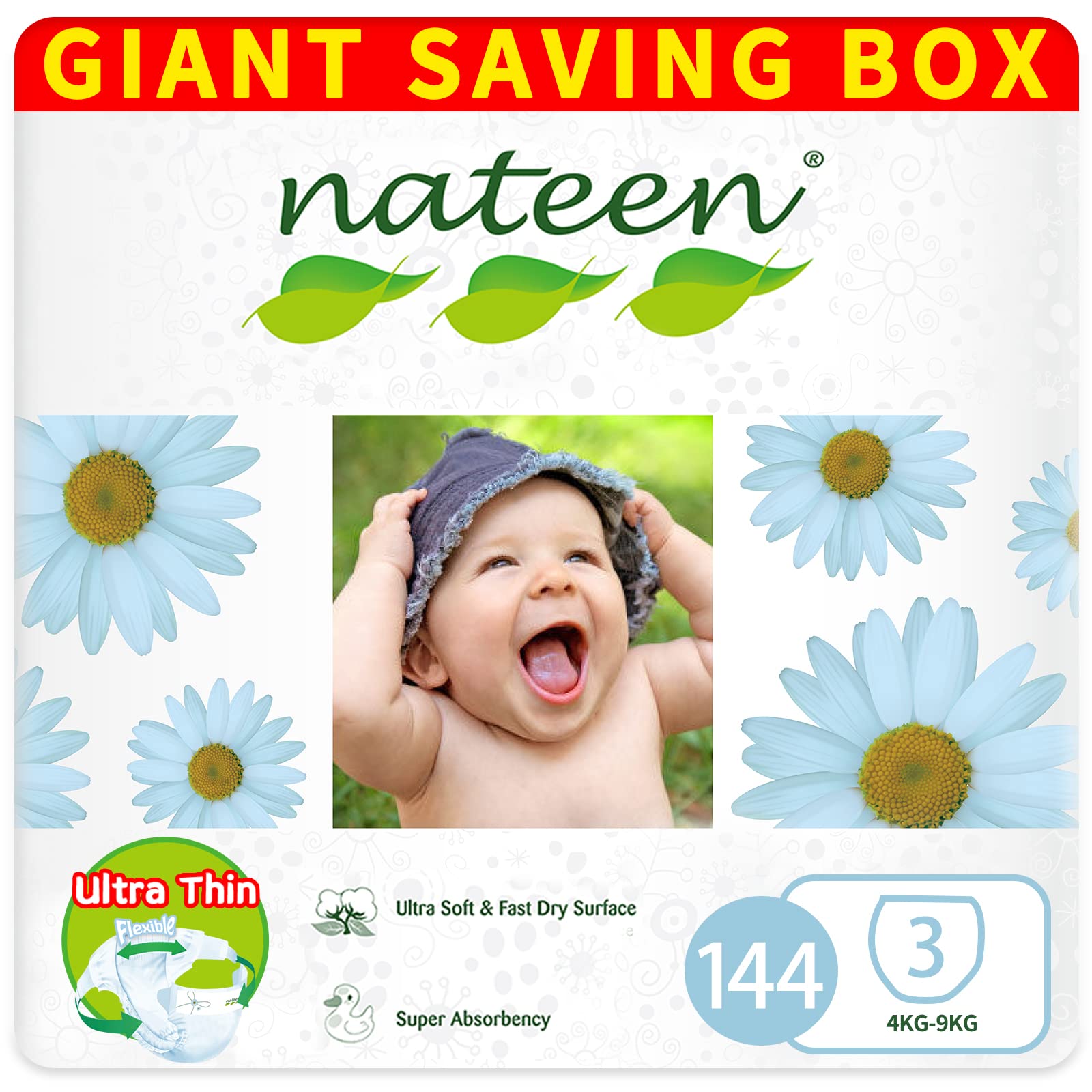 Nateen Premium Care Diaper,Size 3 (4-9kg),Medium,144 Count Diapers,Super Absorbent,Breathable Baby Diapers.