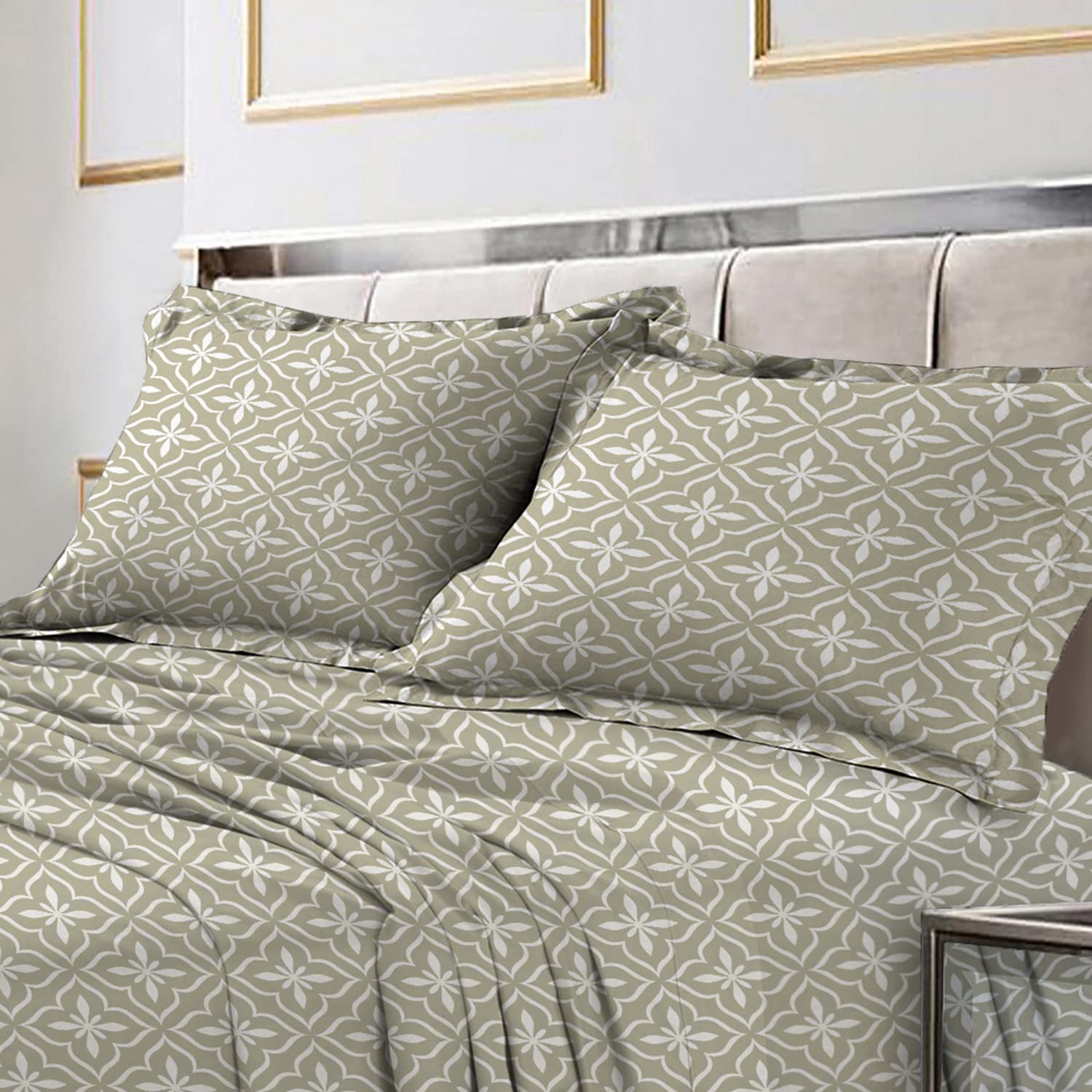 PizunaCotton Oriental Oxford Pillow Cases Standard 2 Pack Ash Grey, 100% Long Staple Cotton 400 Thread Count Printed Pillow Covers Soft Sateen Weave Hotel Quality Pillow Cases with 5cm Frame