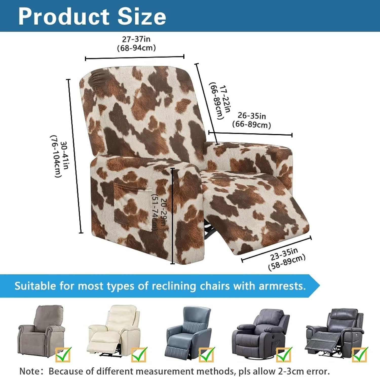 Wanyint Stretch Recliner Cover Universal 4 Pieces Recliner Sofa Cover Stay in Place Furniture Protector Living Room Home Decor for Pets, Dogs, Cats, Kids, Fashion Cow Print