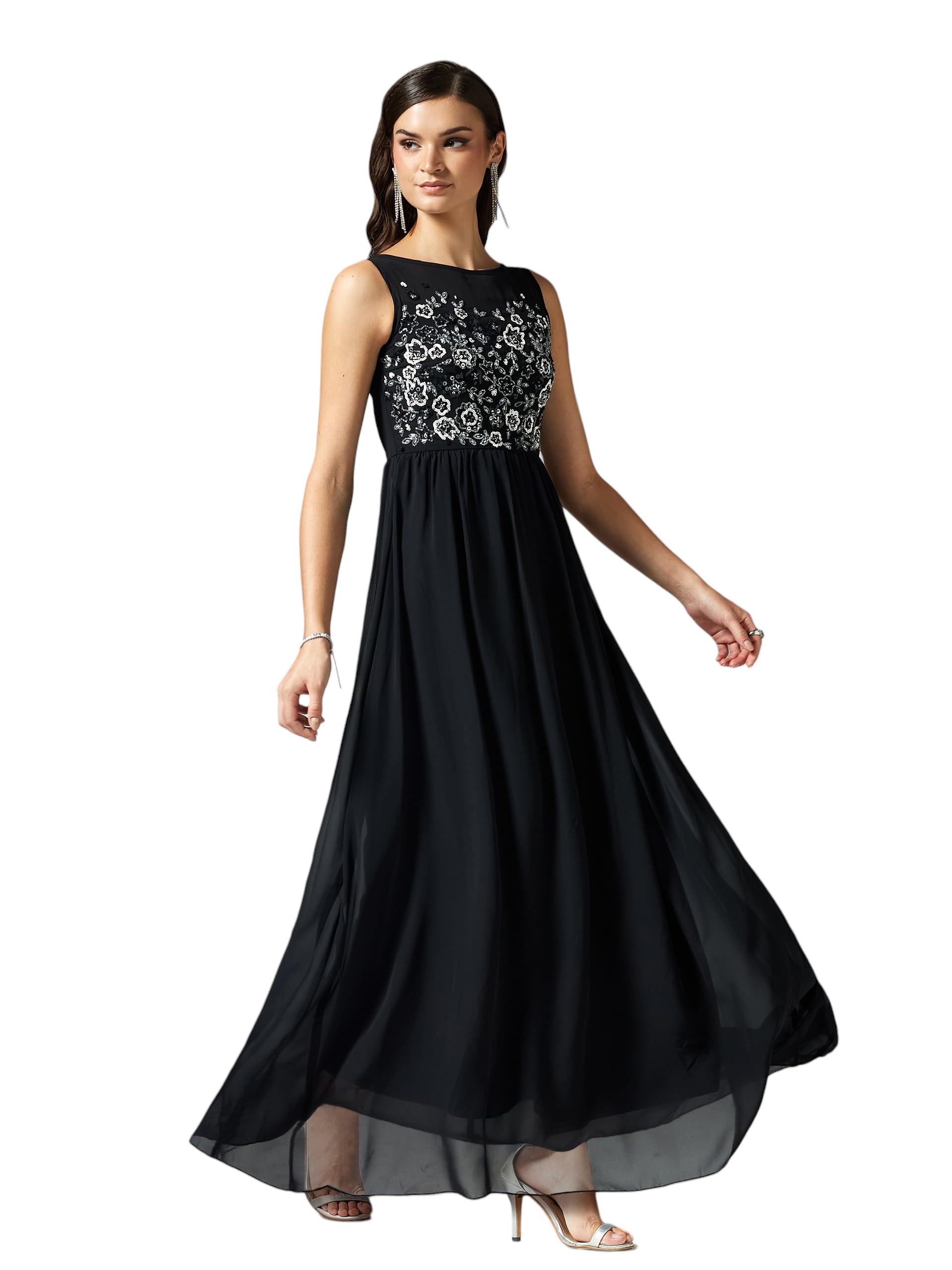 miss chase Women's Boat Neck Sleeveless Embroidered Georgette Gathered Maxi Dress-picture-16
