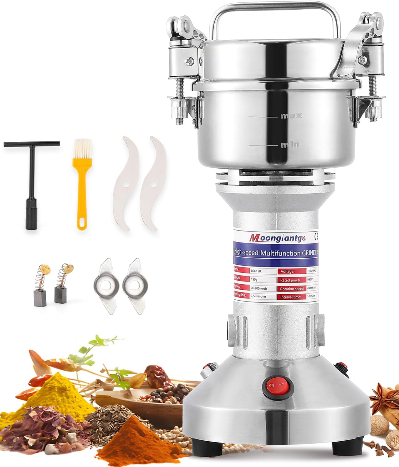 Electric Grain Grinder 150g/0.33lb Spice Grain Mill Stainless Steel, 950W 28000RPM Commercial Motor, 30s High-speed Superfine Grinding, for Grinding Various Dried Cereal/Herb/Spice/Nut
