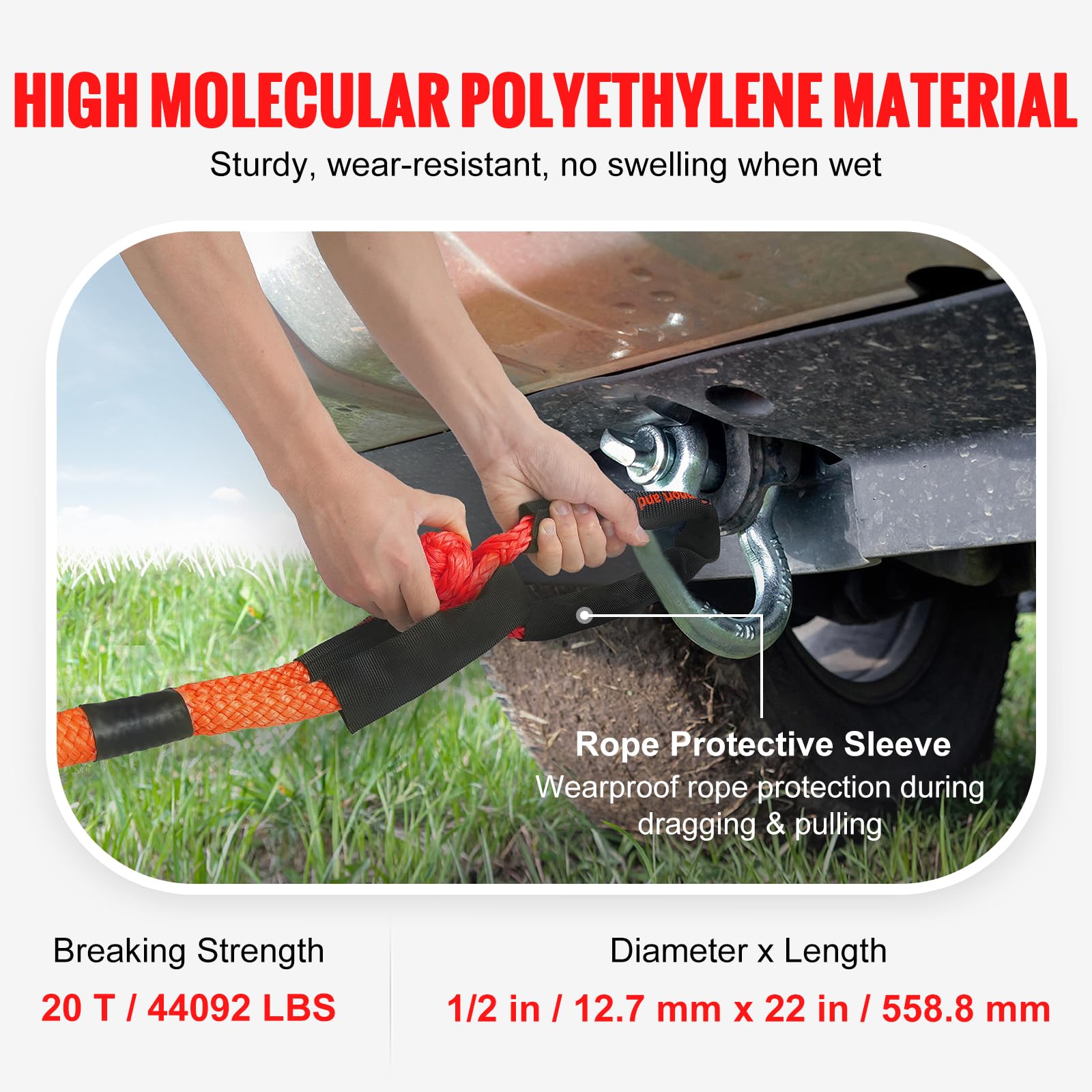 VEVOR Syntetyczna miękka szekla, 1/5.1 cm x 56 cm (2 sztuki) 20 ton (20 ton) wytrzymałość na rozerwanie kajdany holownicze z dodatkowymi 2 rękawami i torbą do przechowywania do UTV, ATV, ciężarówek,