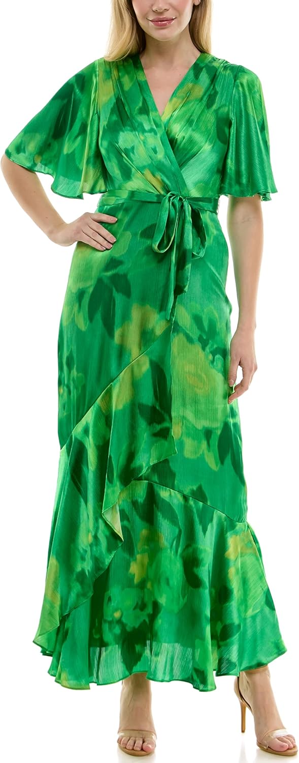 Taylor Womens Flutter Sleeve V-Neck Faux Wrap Ruffle Maxi Dress