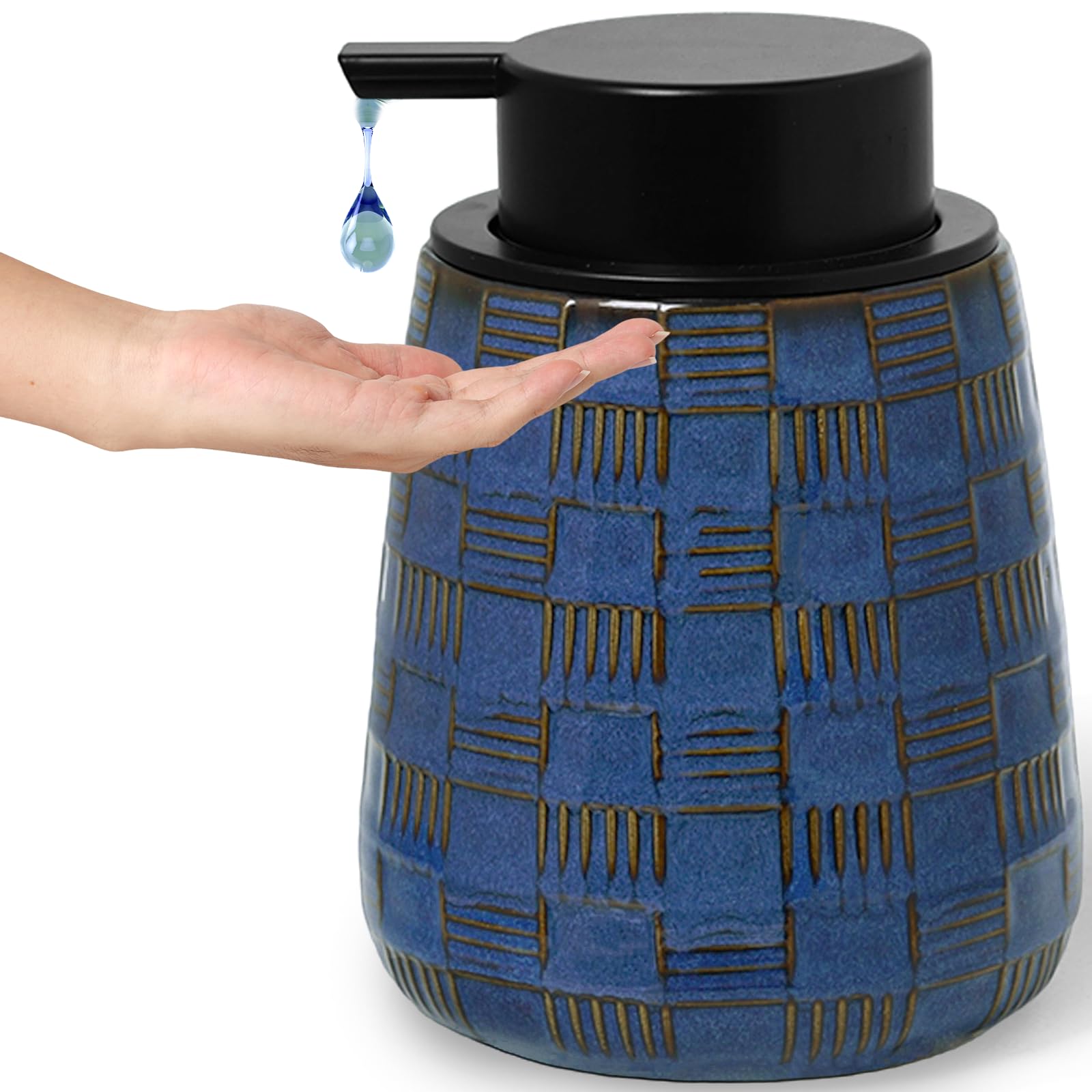 Ceramic Soap Dispenser, Lotion Dispenser with Pump 12oz (Blue Liquid Pump)