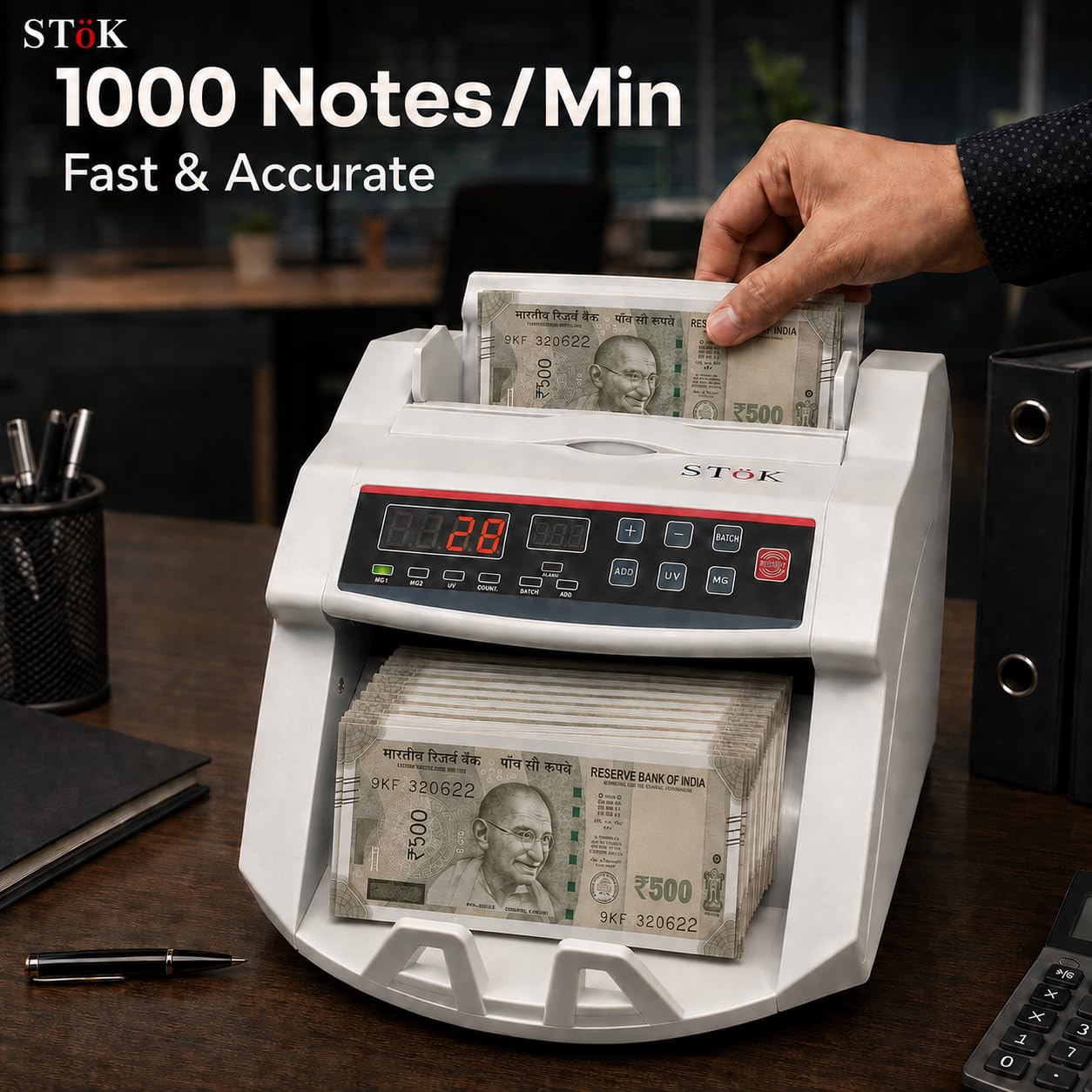 STöK MC01 Heavy-Duty, Double Motor Note Counting Machine, Counts INR, EUR, Pound, USD, UV/MG Counterfeit Notes Detection for INR with External Display (1 Year Warranty) — Amazon image 5