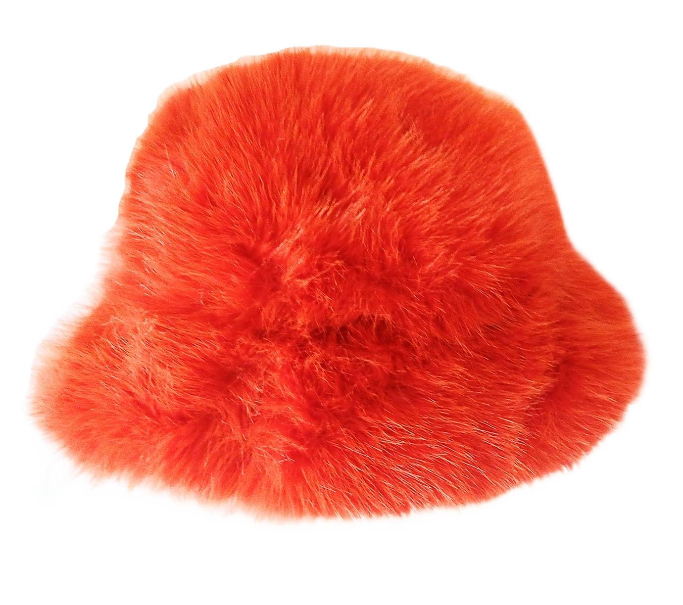 New Super Fluffy Cossack Style Soft Fleecy Faux Fur Bucket hat - Womens Winter Hats (UK, Alpha, One Size, Orange)