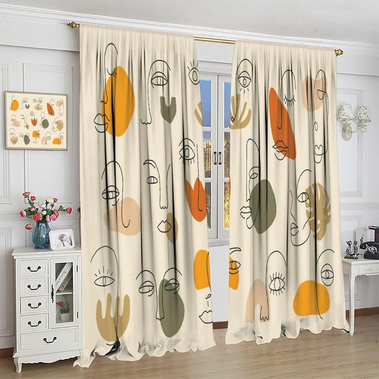 Abstract Human Face Curtains Minimalist Modern Mid Century Aesthetic Portrait Blackout Rod Pocket Curtains for Bedroom Living Room Kitchen Thermal Insulated Window Drapes 2 Panel Set 63x72in