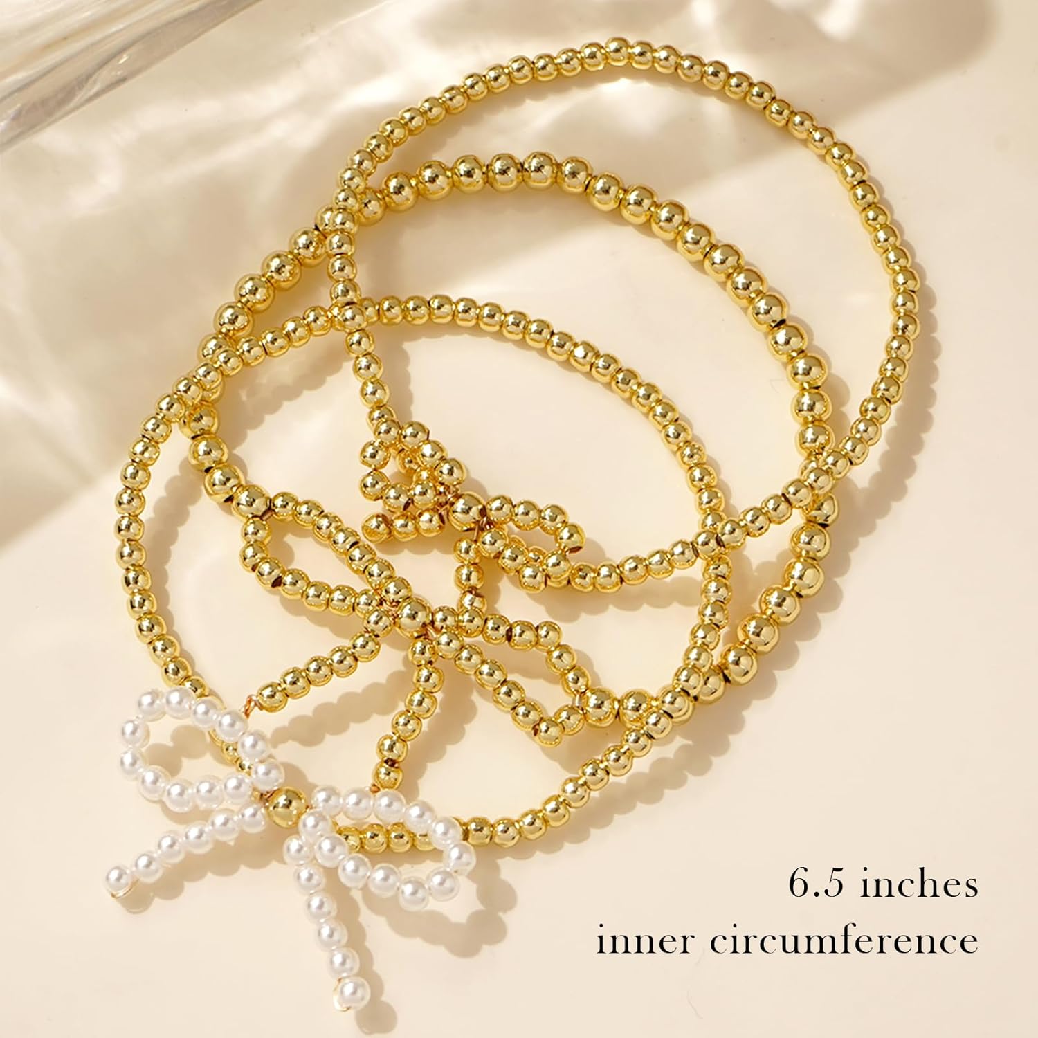 Gold White Bead Bow Bracelets Set for Women, Trendy 3Pcs Boho Handmade Stretchtable Small Beaded Stackable Friendship Bracelet Prom Holiday Outfit Jewelry Gift. - Image 3