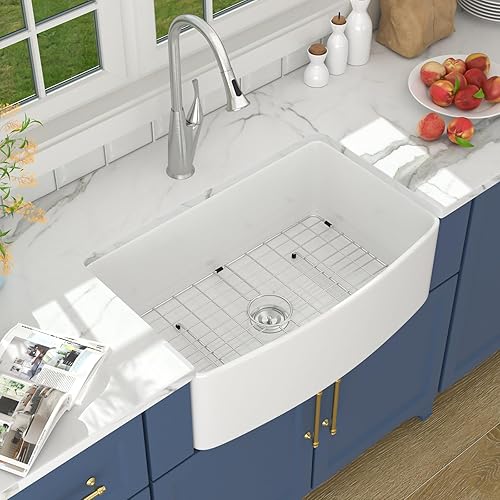 Lordear 30 White Farm Sink 30 inch Farmhouse Sink White Fireclay Ceramic Porcelain Curved Apron Front Single Bowl Farm Kitchen Sink Basin