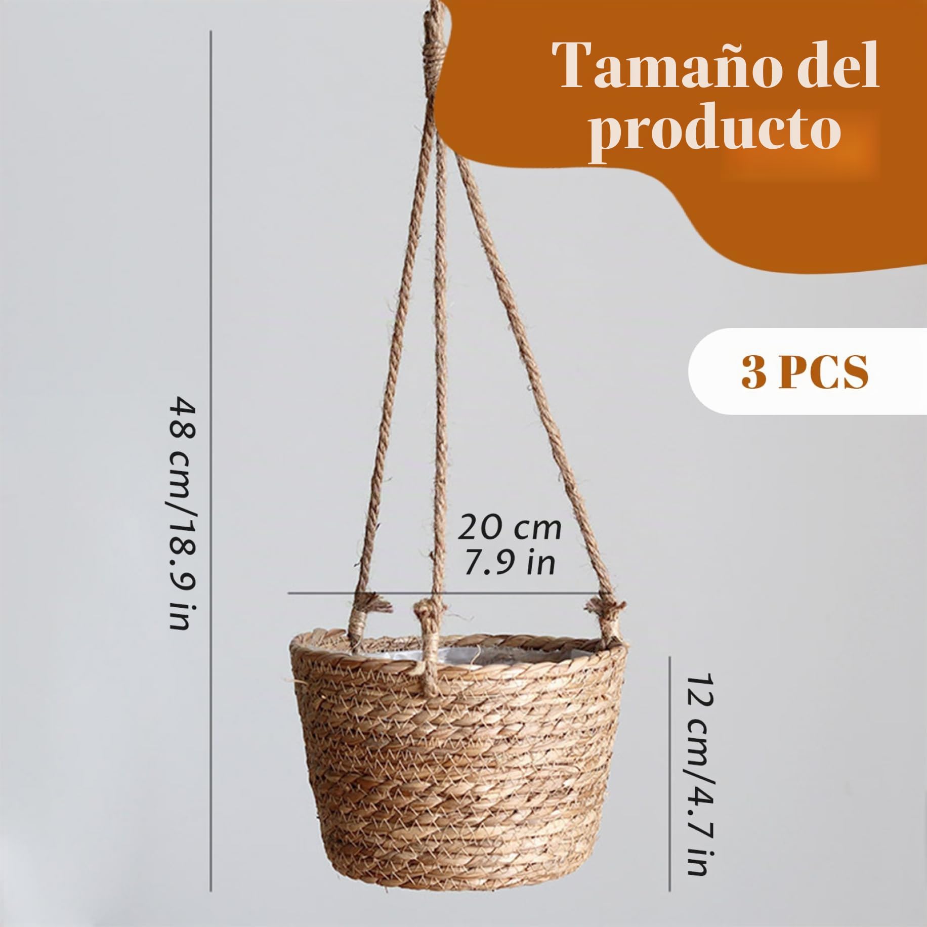 Cesta colgante de plantas de 3 piezas, cesta colgante de mimbre de 8x5 pulgadas para plantas, macetero tejido de interior con cuerda, de macetas rústicas bohemias para interiores, hogar y ofi