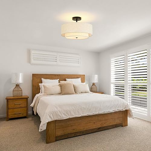 Miniatura 5 de Lámpara de techo semiempotrada de 16 pulgadas, lámpara de techo de 3 luces con pantalla de lino de tela de 2 niveles, lámpara de granja para