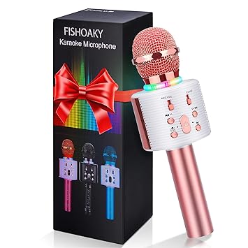 FishOaky Wireless Bluetooth Karaoke Microphone, Portable Kids Microphone Karaoke Player Speaker with LED & Music Singing Voice Recording for Home KTV Kids Outdoor Birthday Party (Rose Gold)