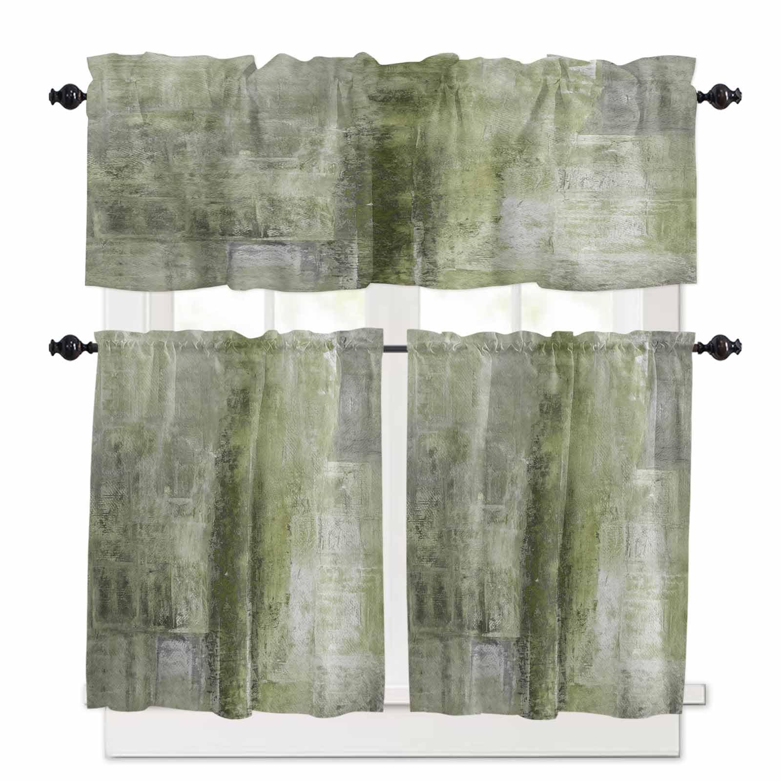 Sage Green Oil Painting Kitchen Curtains 36 Inch Length,3 Piece Rod Pocket Small Half Tiers and Valance Set,Modern Abstract Graffiti Street Art Small Large Window Treatment Decor for Bedroom/Bathroom