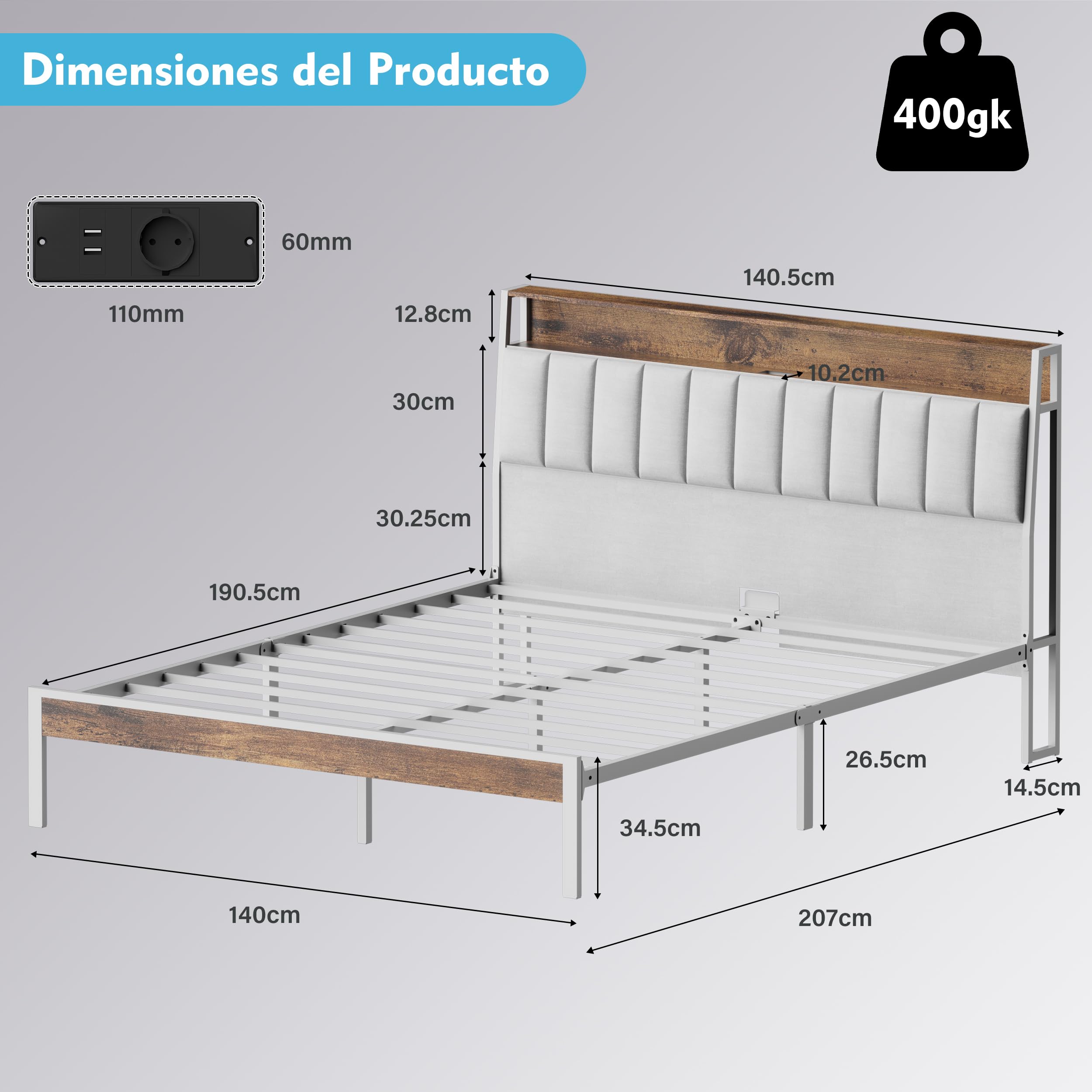 DEWINNER Estructura De Cama 140x190 con Iluminación LED, Cama Doble con Cabecero con Espacio De Almacenamiento, con Múltiples Enchufes (1 Toma De CA, 2 Puertos USB), Estructura Robusta