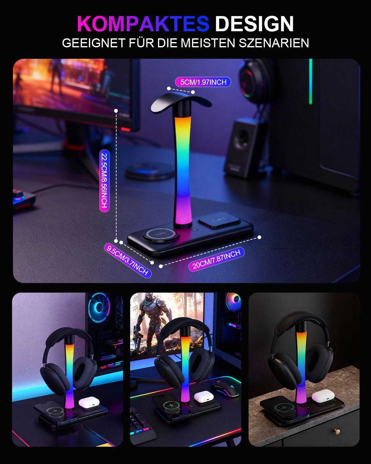 Trongle 3 in 1 RGB Gaming Kopfhörer Ständer mit 15W Wireless Ladegerät, Gaming-Headset-ständer Headset Halterung Wireless Charge Kopfhörer Halter mit 1*USB 2*Typ-C 10 Lighting Effects Modes Schwarz