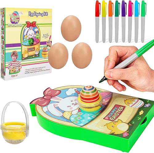 Hewleshen Kit de decoración de huevos de Pascua, incluye un bonito spinner de decoración de huevos de conejo con 8 marcadores de teñido no tóxicos y