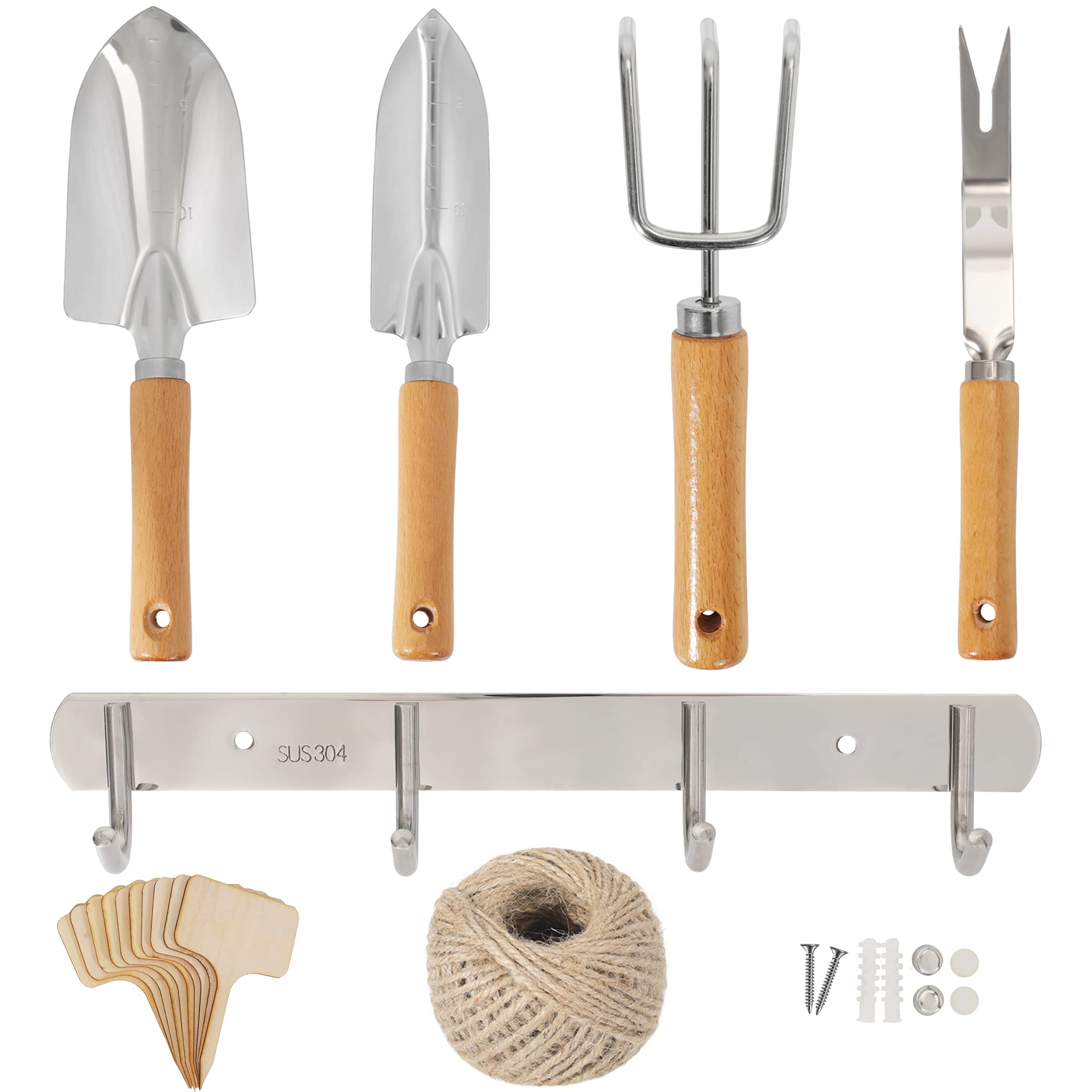 Garden Tools Set, Planting Tools for Roots and Planting, Wood Handle, Including Transplanting Spade, Hand Trowel, Rake, Weeder, Plant Tags, Twine Roll, Stainless Steel Hook