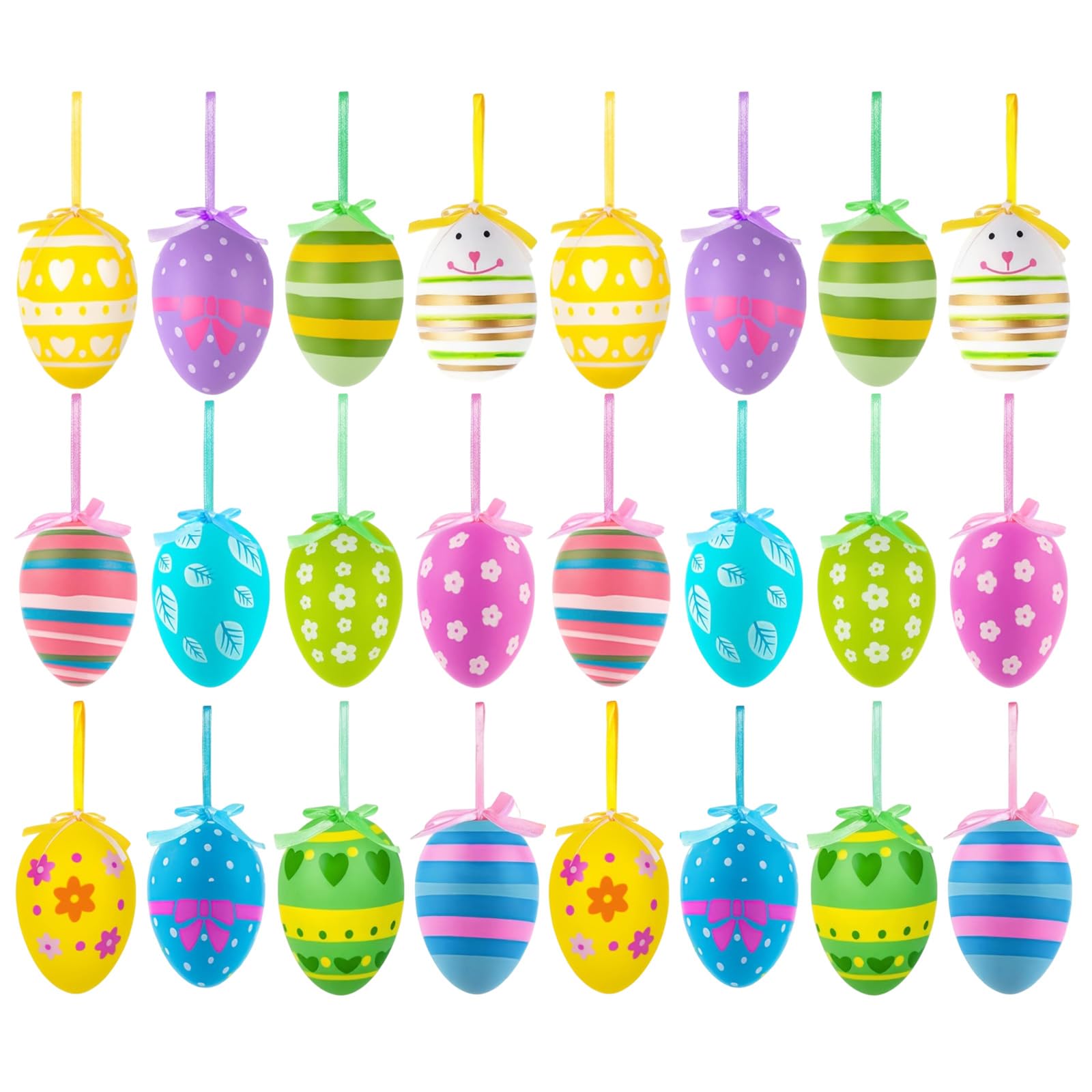 hogtnd 24 Pieces Hand Painted Plastic Easter Egg Decorations with Hanging Ribbon for Door Handles, Tree Windows, Holiday Decorations, Party Supplies