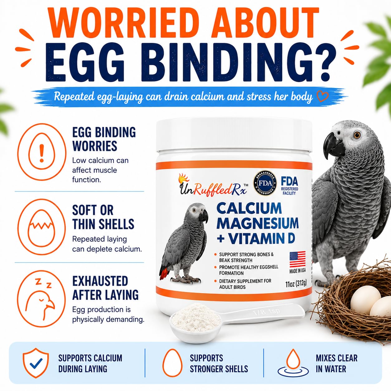 UnRuffledRxTM Bird Calcium Plus with Magnesium and D3 Dissolves Clear and Tasteless in Water Supports Bone Muscle Feather and Egg Health 45 Servings Made in FDA-Registered USA Facility product thumbnail 3