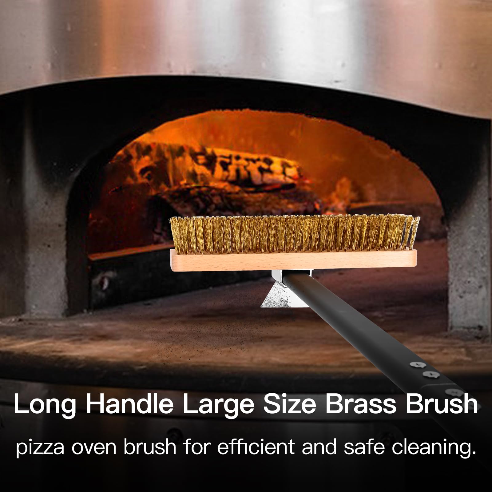 Große Pizzaofenbürste mit Schaber, Grillbürste mit Messingborsten Breite 27 cm mit langem Stiel 94 cm oder 134 cm, Gartenofen-Zubehör
