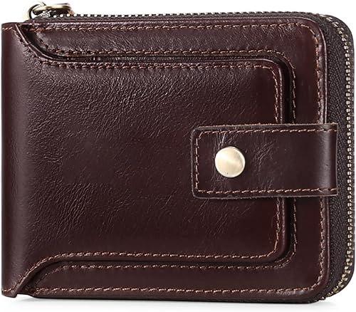 GOIACII Cartera con cremallera para hombre, de piel auténtica, con bloqueo RFID, con cremallera, bolsillo para monedas, para identificación, con